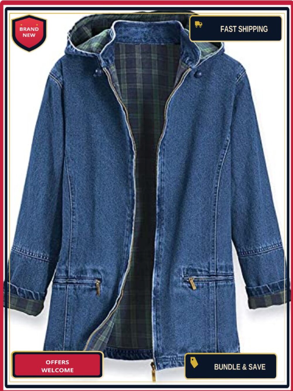 Flannel Lined Denim Jacket Detachable Hood Zip Front 100% Cotton